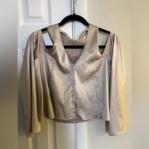 Satin cold shoulder tan blouse size small. NWT